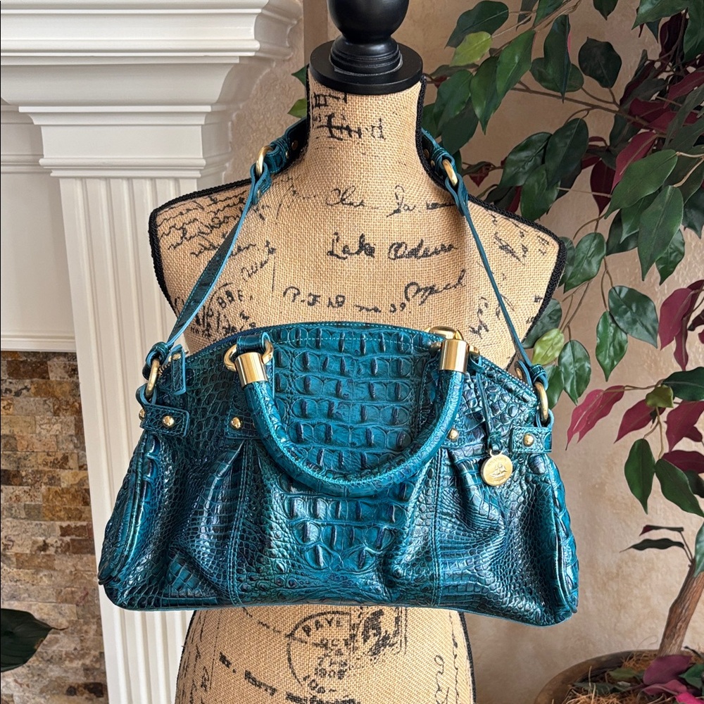 Chic Teal Brahmin Crocodile-Embossed Shoulder Bag